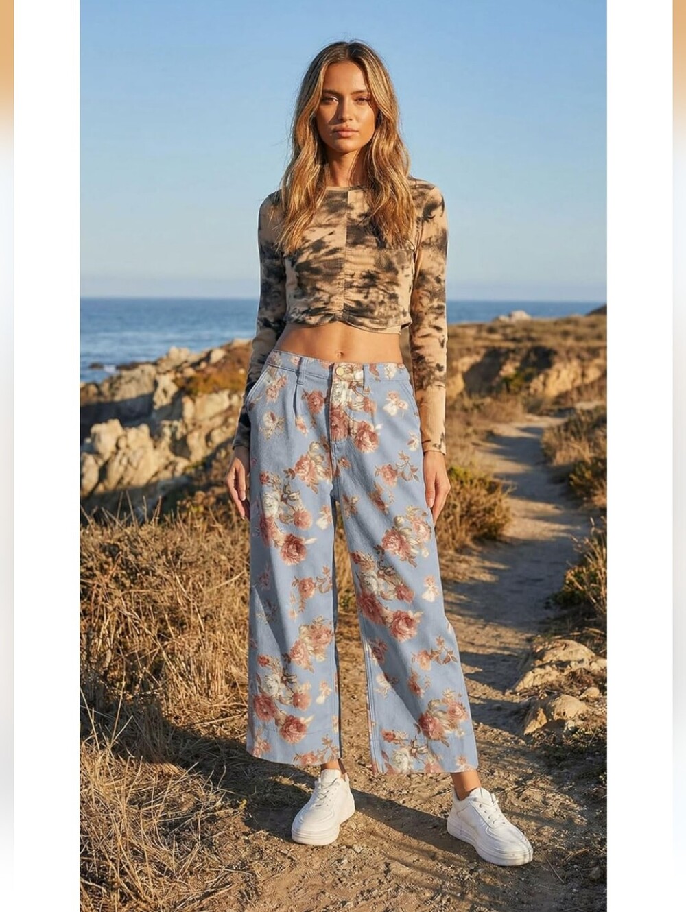 Loveimgs Light Blue Floral Wide-Leg Baggy Mid-Rise Cropped Jeans Size Small NWT